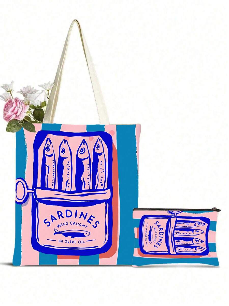 1 pièce Ensemble de sac fourre-tout, sac à main et sac de maquillage réutilisable pour femmes - Sac de courses en polyester à imprimé de boîte de sardines rayée rose et verte minimaliste, conception de sangle d'épaule fixe, convient pour la plage, le pique-nique, l'épicerie et le stockage alimentaire, sac fourre-tout pliable, multifonctionnel, polyvalent, grande capacité, léger, pratique, convient pour l'utilisation quotidienne de la famille et des amis, convient pour le trajet domicile-travail, les voyages, les vacances à la plage, le campus quotidien, cadeau de rentrée scolaire - Multicolore - Voir 1