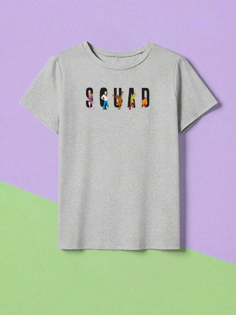 SHEIN X SCOOBY-DOO 可愛字母印花圓領短袖T恤,時尚休閒夏季款 - 花灰色 - 查看 1