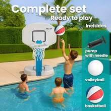 2-in-1 Pool Volleyball Set and Basketball Hoop Combo for Swimming Pool Includes Inflator Pump Basketball and Volleyball HDPE Materials Adjustable Size Durable Outdoor Sports Equipment - como en la foto - Ver 7