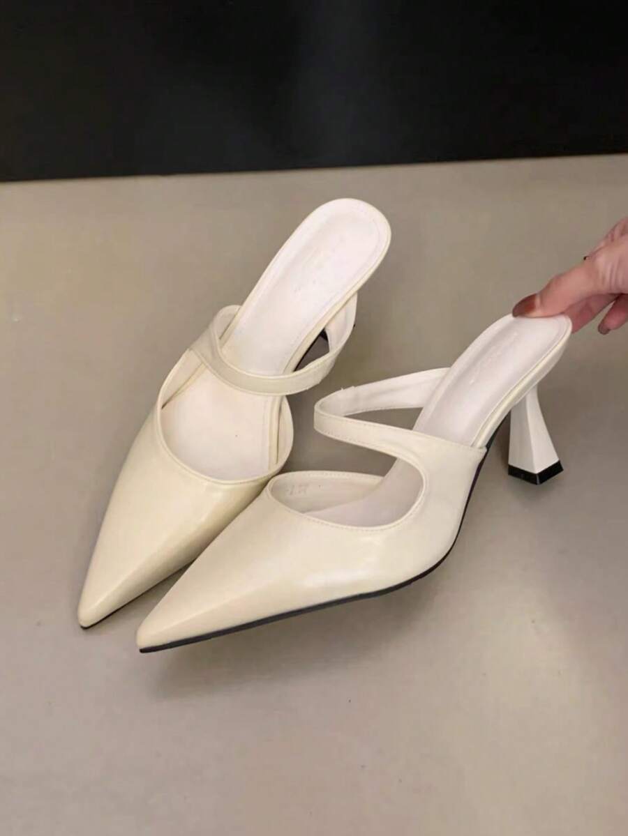 2026 New French Pointed Toe Thin Heel Mule Sandals, Low Vamp Elegant High Heel Versatile Slide Sandals For Women - Beige - View 1