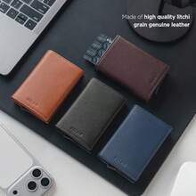 VULKIT - Cartera para hombre de piel auténtica de Litchi tarjetero desplegable con bloqueo RFID con compartimento para billetes y ventana de identificación Litchi-azul marino litchi genuine - Litchiazul marino - Ver 7
