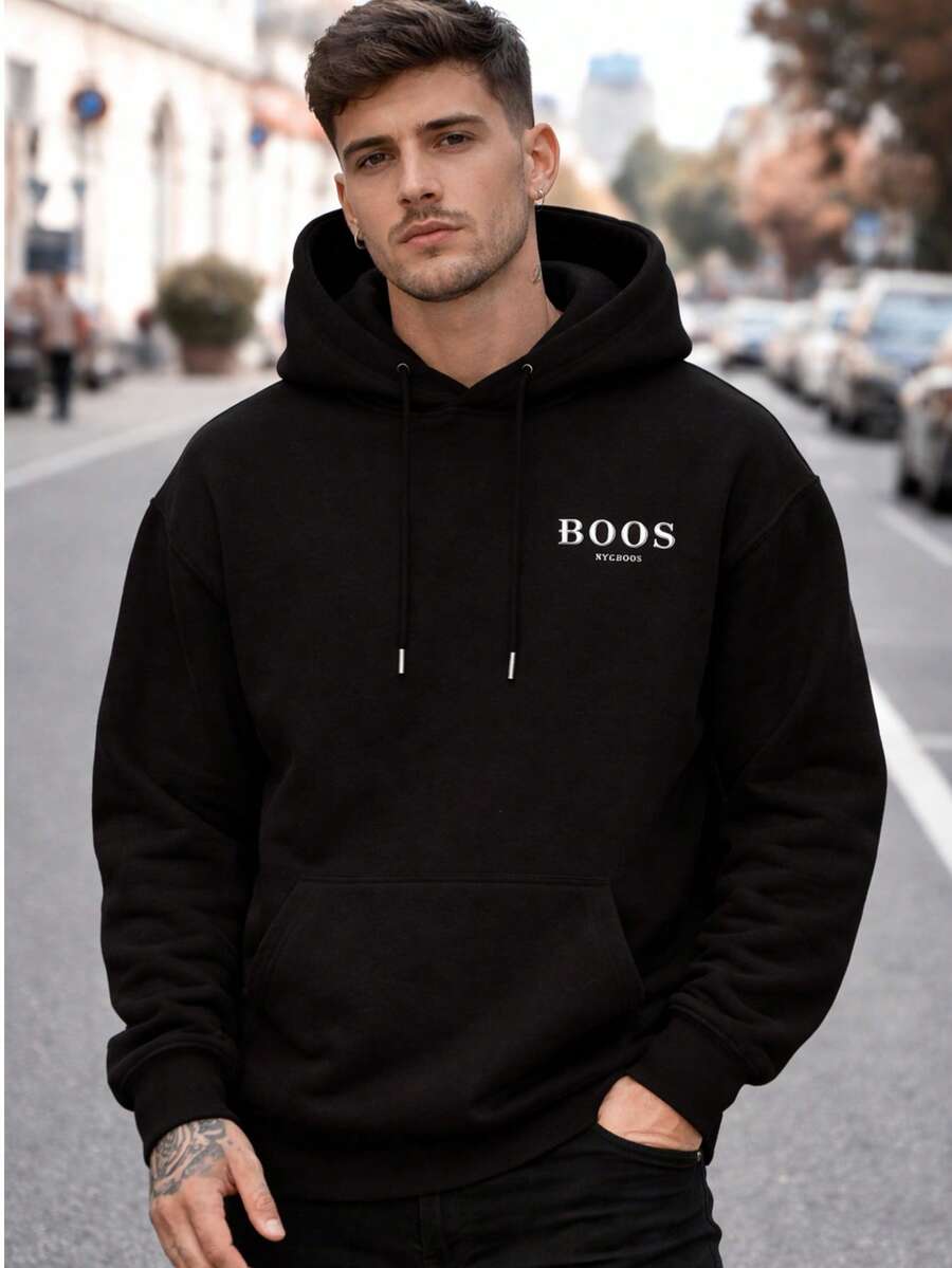 Blusa de frio - Canguru - Personalizado desenho escrito - Malha premium - 30.1 - 100% algodão - Casual - Quente - Inverno  Primavera / Outono    Ajuste Regular    Bolso  Cordão - Preto - Visão 1