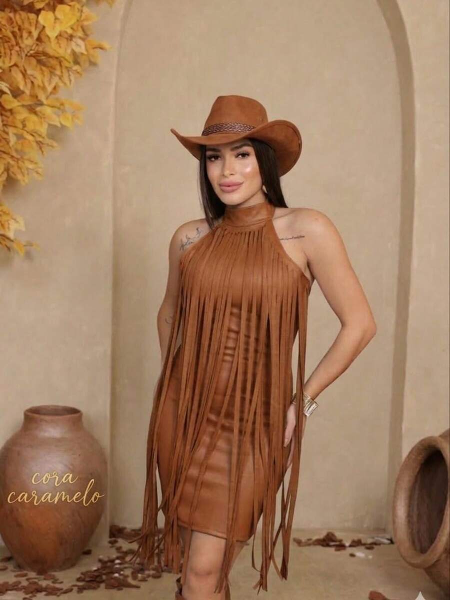 Women's Fringe Dress, Country Style, São João Fashion 2026 – Fitted, Flowing, And Super Elegant. - 摩卡棕 - 查看 1
