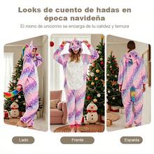 Mono Pijama Entero Unisex para Adulto y Parejas, Diseño de Unicornio con Estrellas y Cola Arcoíris Colorida, Pijama de Peluche Suave Térmico Cálido para Otoño e Invierno, con Capucha 3D, Cremallera Frontal y Abertura para Baño, Ropa de Noche Cómoda para Dormir en Casa, Disfraz Temático para Halloween y Navidad, Regalo Ideal para Parejas y Seres Queridos - Morado - Ver 5
