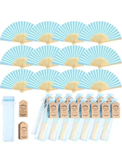 2/4/6/10pcs Handmade Folding Paper Fans With Gift Bags And Thank You Cards, Bamboo Handheld Folding Fans For Home DIY, Office Decor, Wedding Party, Baby Shower, Party Favors (Blue)