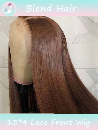 13x4 巧克力棕色直发蕾丝前假发，真人发混纺，13x4 透明蕾丝前假发，180% 密度，棕色长直发，预拔发际线（混纺假发 - 真人发和合成纤维混合）真人发混纺假发/女士真人发混纺假发/真人发混纺蕾丝前假发/无胶假发/漂白发结/预拔发/蕾丝假发/提升您的造型/增强自信/完美礼物
