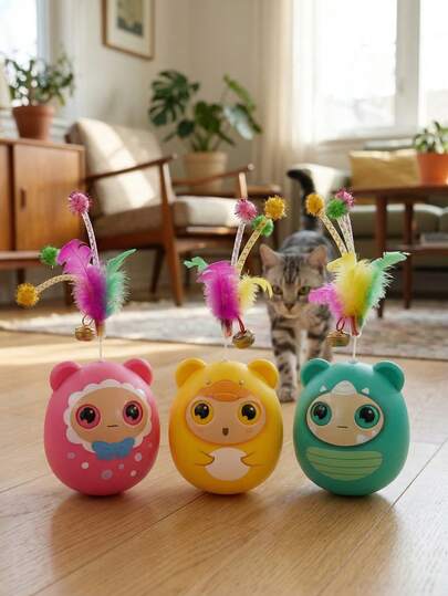 1pc Multi-Color Cartoon Ball Shaped Rolling Bead Cat Toy, Plastic Feather Bell Cat Teaser Wand, Interactive Toy To Relieve Boredom For Small/Medium Cats, Battery-Free