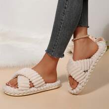 Slippers For Women Fall Winter Memory Foam Open Toe Slide Indoor Outdoor House Shoes Cotton Fuzzy Bedroom Slippers - 卡其色 - 查看 6