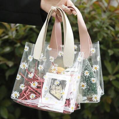 4个/1个透明PVC雏菊印花手提袋，母亲节派对回礼袋，母亲节礼物包装袋，母亲节花束装饰袋，新娘送礼袋，伴娘伴郎礼物，生日派对回礼，毕业纪念袋，婴儿派对宾客回礼袋