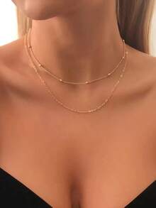 1pc Women's Simple Dual Layered Gold Metal Necklace, Suitable For Casual Wear All Year Round - Gold - 查看 10