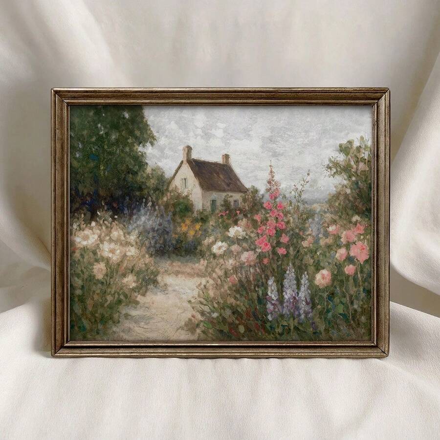 1pc Vintage French Country Cottage Garden Wall Art Impressionist Floral Path Printed Canvas Painting, Countryside Poster, Farmhouse Decor For Bedroom, Living Room, Bathroom, Women Gift, Framed Or Unframed - Pattern - View 1