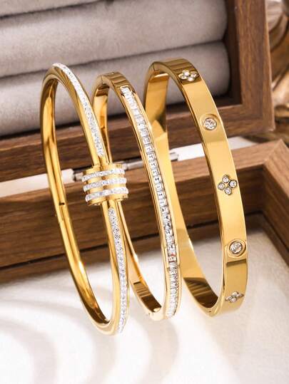 3pcs /1pc New Fashion High Quality Stainless Steel Flower Zirconia Women's Bangle Bracelet Jewelry Set, Suitable For Daily Wear
