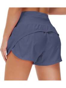 Womens High Waisted Running Shorts Quick Dry Athletic Workout Shorts With Mesh Liner Zipper Pockets - 藍灰色 - 查看 3