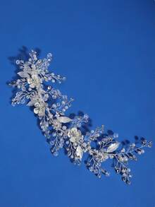 1pc Pearl & Crystal Leaf Hair Clip - Silver - View 3