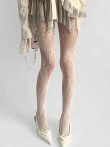 1 Pair Autumn Lace Pantyhose, Jacquard Fishnet Stockings, Suitable For Party & Date Occasions - White - View 2
