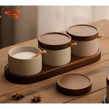 3pcs Set Retro Japanese Style Ceramic Seasoning Jars Condiment Containers - Ceramic Seasoning Jar With Lid & Spoon, Kitchen Salt & Sugar Storage Jar With Tray, Spice Jar - Multicolor - View 6