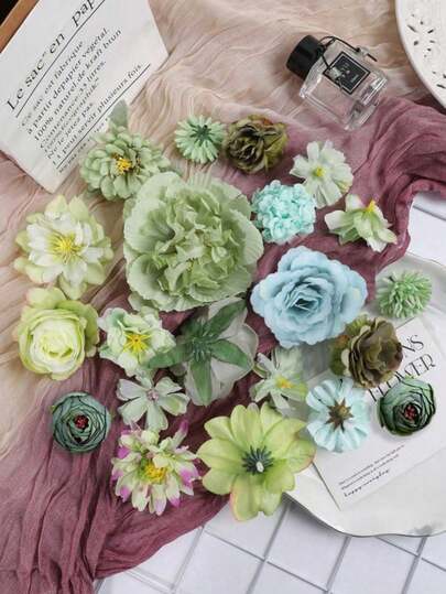 21/42 Pieces Of Green Artificial Flower Materials Package, Artificial Flower Materials Set, Artificial Flower Set, Fake Flower Hairpin, Flower Wreath DIY Materials, Hanfu Accessories, Wedding Flowers, High-End Classical Hair Accessories, -Style Bride Headwear, Festival Home Decoration.