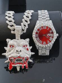 1 Conjunto Novo Produto Hip Hop Pingente Personalizado de Buldogue Colar Corrente Cubana de Diamante Pulseira Relógio Vermelho Masculino Conjunto Acessórios Masculinos Personalizados e Modernos - Vermelho - Visão 6