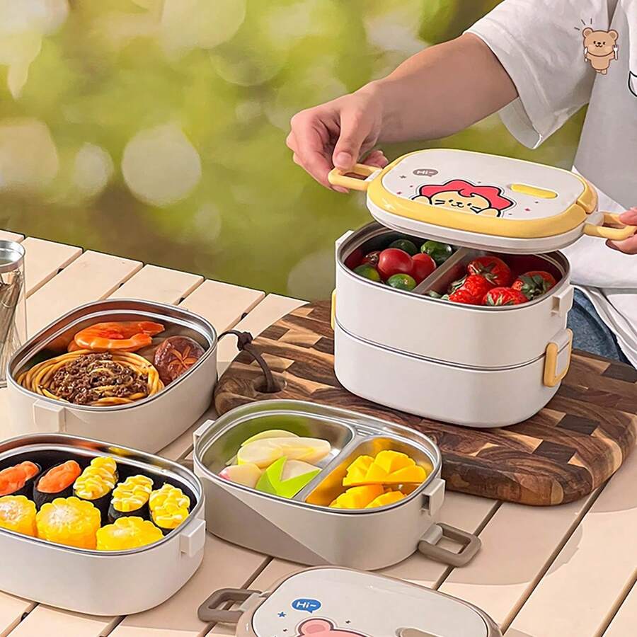 850/1500毫升304不锈钢便当盒，带酱料盒，可爱卡通图案，便携大容量便当盒，保温防烫，带提手，密封水果沙拉食品储存盒，可微波炉加热和热水加热，适合学生和成人在学校、办公室、户外露营、野餐、旅行中使用。