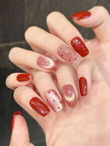 10片手工美甲贴纸，酒红色底色+粉色猫眼+波点，温柔又不失俏皮，适合女性日常生活 - 紅色 - 查看 2