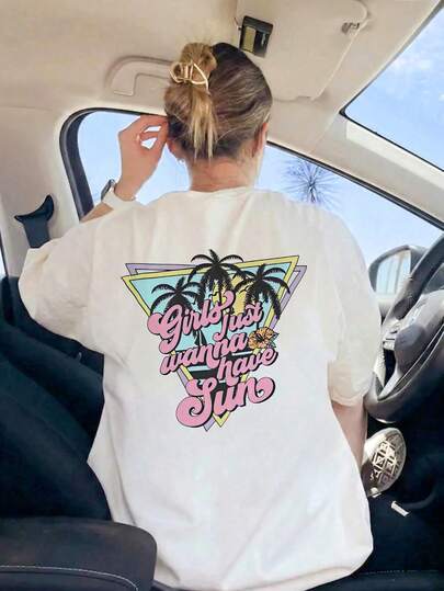 1pc Women's Summer Round Neck Short Sleeve T-Shirt, Beach Vacation Printed Style, Casual Loose Fit, Comfortable, Suitable For Summer Wear, Suitable For Beach, Street, Daily Activities, Work, Office Gatherings And Other Occasions