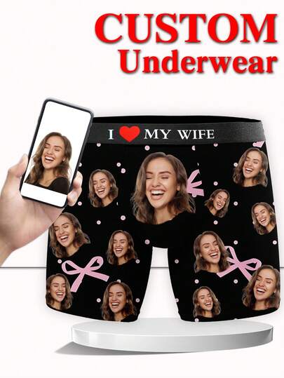 1 Piece Custom Boxer Briefs For Men, Personalized Photo Print Underwear With Black Background, Pink Polka Dot & Bow Design, "I Love MY WIFE" Waistband, Funny Face Custom Underwear, Cute, Romantic, Comfortable, Unique, Ideal Anniversary, Birthday, Wedding, Mother's Day, Father's Day Gift For Husband, Him, Perfect For Fitness Guys