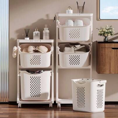 2/3/4 Tier Japanese Style Large Laundry Basket Plastic Dirty Clothes Storage Rack Removable Multi-Layer Clothes Organizer Movable Sorting Shelf Bathroom Kitchen Bedroom Hallway Home Organization Solution Stackable Design Foldable Portable Household Storage Container Ventilated Hamper Lightweight Practical Laundry Solutions