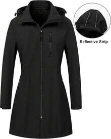 Women's Waterproof Long Trench Coat Fleece Lined Softshell Jacket Lightweight Hooded Raincoat Warm Windbreaker For Outdoor Running Hiking - 黑色 - 查看 3
