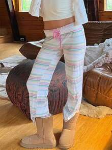 Women Lounge Pants Retro Fold Over Low Rise 2000s Colourful Stripe Stretch Flared Yoga Legging Bottoms Sweatpants - 青檸色 - 查看 13