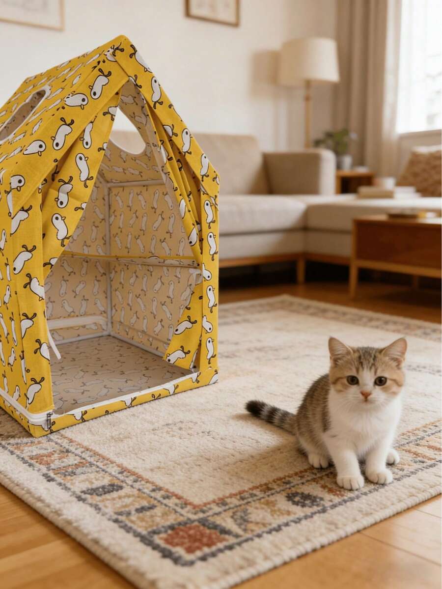 1个双层可折叠宠物帐篷，带观察窗，耐用面料猫屋，室内猫咪玩耍和休息场所 - 黃色 - 查看 1