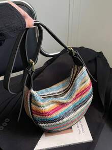 1个波西米亚风彩虹条纹编织新月包，轻便单肩包，配有可调节PU皮肩带，女士夏季沙滩休闲斜挎包 - 黑色 - 查看 3