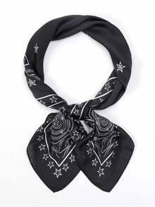 1pc 27.6"X27.6" Women's Small Satin Printed Scarf/Headband/Neckerchief/Hair Tie/Skinny Scarf/Shawl, Suitable For Dresses - Black Star - View 3