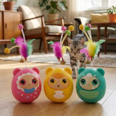 1pc Multi-Color Cartoon Ball Shaped Rolling Bead Cat Toy, Plastic Feather Bell Cat Teaser Wand, Interactive Toy To Relieve Boredom For Small/Medium Cats, Battery-Free