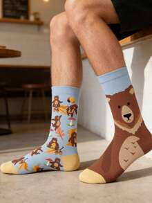 1 par de calcetines casuales de media pantorrilla asimétricos con diseño de oso de dibujos animados en azul claro y marrón, para uso diario en todas las estaciones - Multicolor - Ver 6