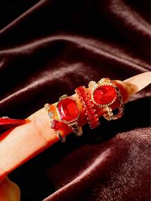 5件套时尚精致奢华百搭休闲优雅水钻红色宝石金合金戒指，适合送给女朋友、结婚订婚。 - 彩色 - 查看 2