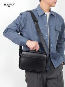 saroxi Men's Large Capacity Black Shoulder Bag, Rivet Inlaid Messenger Bag, Suitable For Commuting, Minimalist Style, Casual Solid Color PU Leather, Gift For Boyfriend - Black - View 4