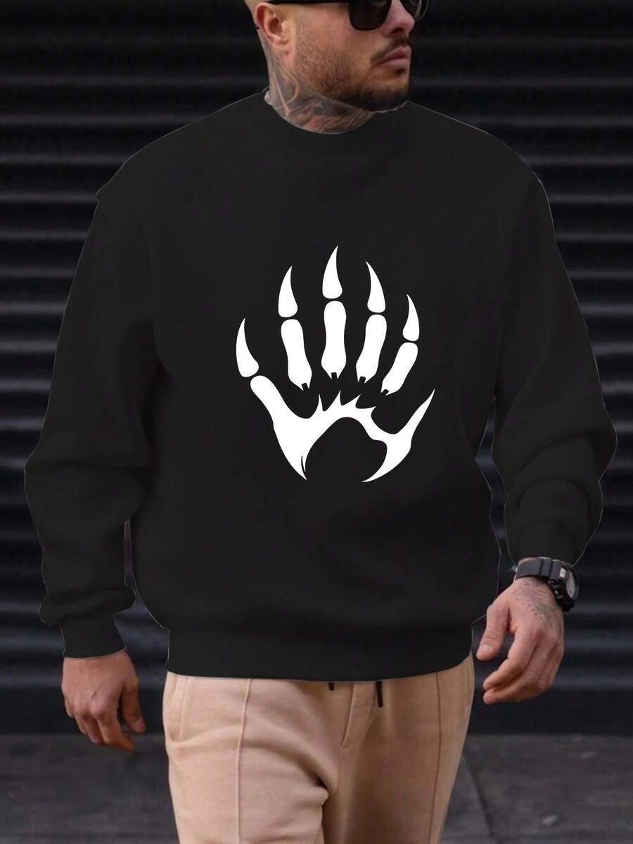Men's White Claw Print Casual Sweatshirt - Navy Blue Crew Neck Pullover With White Claw Design, Machine Washable Regular Fit Crew Neck Sweater, Suitable For Daily Wear And Outdoor Activities, Versatile Layering Piece For Easter - màu đen - Xem 1