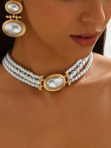 2pcs Vintage Multi-Layer Beaded Choker Necklace & Oval Earrings Set, European And American Style Faux Pearl Jewelry - Golden Yellow+White - View 3