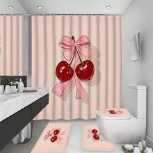 1/4 件装樱花蝴蝶结图案防水涤纶浴帘，配 12 个挂钩，浴室防滑垫，马桶座套和 U 型垫 - A - 查看 21