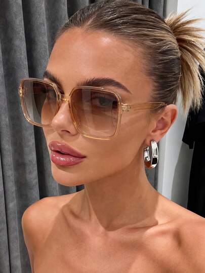 1 par de gafas de sol cuadradas de montura grande con color champán, adecuadas para regalos de fiestas elegantes, uso diario, viajes, conducción, playa, un artículo versátil y esencial para mujeres en otoño/invierno, adecuado para negocios y ocio, también un regalo ideal para vacaciones de verano en la playa y actividades al aire libre.
