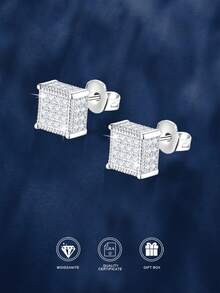 Bộ 2 bông tai bạc 925 tối giản với 48 viên đá Moissanite vuông 1.1mm, thích hợp cho nữ giới đeo hàng ngày, dự tiệc, ngày lễ, Ngày Valentine, Ngày của Mẹ, sinh nhật, kỷ niệm ngày cưới, làm quà tặng trang sức. - Bạc - Xem 2