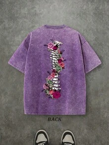 Men's Graphic T-Shirts With Bone And Floral Patterns-Printed With The Message Of Growth Through It; Washed Vintage T-Shirts; Oversized Men's T-Shirts; 230g 100% Cotton; Unisex Tops; Men's Casual Crew Neck Short-Sleeved Shirts; Gift T-Shirts; Going Out Tops. - 紫羅蘭色 - 查看 3