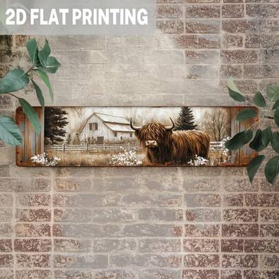 1件2D平面金属墙饰 - 高地牛和谷仓 - 农舍风格，尺寸为3.93x15.74英寸，复古艺术风格，适用于客厅、卧室、办公室 - 经久耐用，易于悬挂，装饰摆件，牛主题装饰