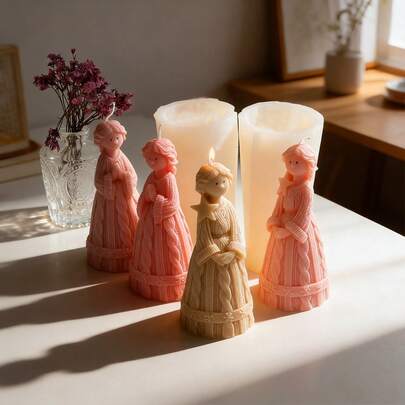 1个天使女孩硅胶蜡烛模具，可重复使用，祈祷天使身穿针织连衣裙，饰有星星图案，适合DIY蜡烛制作爱好者 - 非常适合制作香薰蜡烛、装饰皂、树脂饰品和石膏家居装饰品