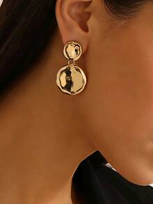 1 Pair Luxury Plated Metal Textured Round Disc Earrings, Elegant For Party, Commute And Daily Wear - Yellow Gold - View 4