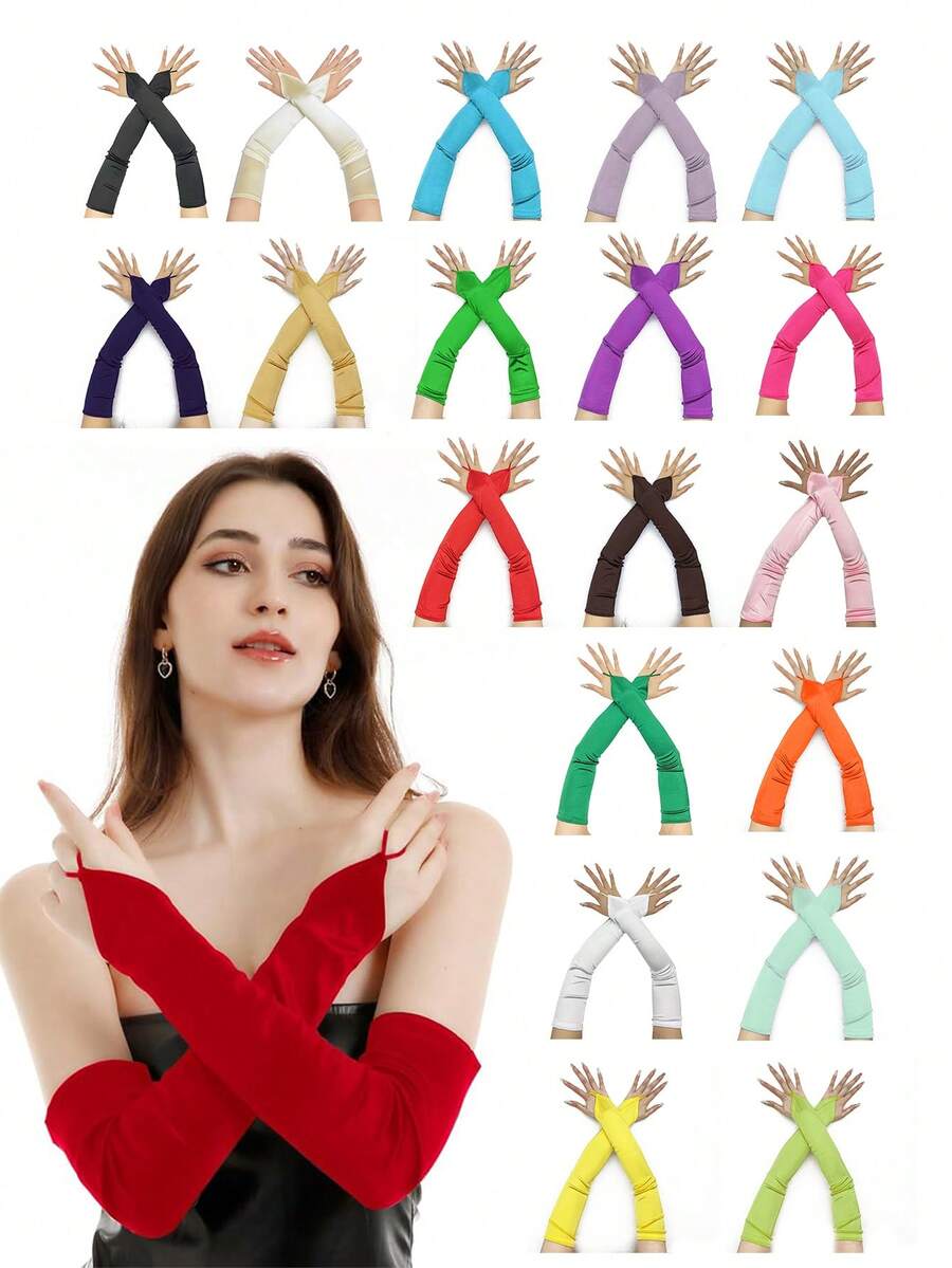 1 chiếc găng tay dài không ngón bằng satin dành cho nữ trưởng thành hiệu D EXCEED, găng tay dài đến khuỷu tay, chất liệu co giãn, phù hợp với mọi kích cỡ.