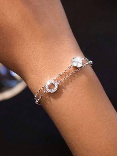1pc S925 Sterling Silver Geometric Circle & Four-Leaf Clover Pendant Bracelet For Women, Fashionable, Elegant, Sophisticated Design, Versatile For Work And Occasions