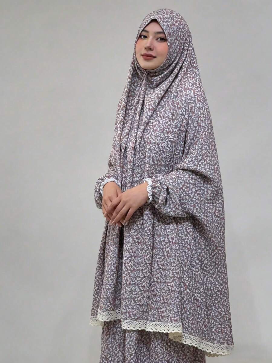 Bộ 1 khăn trùm đầu Khimar + váy bằng vải cotton pha mềm mại, in họa tiết, rộng rãi, thoải mái, phù hợp cho phụ nữ mặc hàng ngày và cầu nguyện, mọi mùa. - Nhiều màu - Xem 1