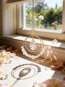 1件波西米亚风日月捕梦网吊坠，人造水晶窗饰，棱镜光效，波西米亚风室内装饰，新月形设计，绿色水晶墙饰，适用于客厅、卧室、窗户、阳台、花园、冥想空间、瑜伽室、公寓、家庭办公室、婚礼派对、乔迁礼物 - 彩色 - 查看 8