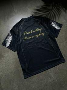 FRACTYR Men's Summer Casual Street Fashion Dark Foil Letter Graphic Double-Sided Design Loose Fit Printed Round Neck Short Sleeve T-Shirt - Black - View 6